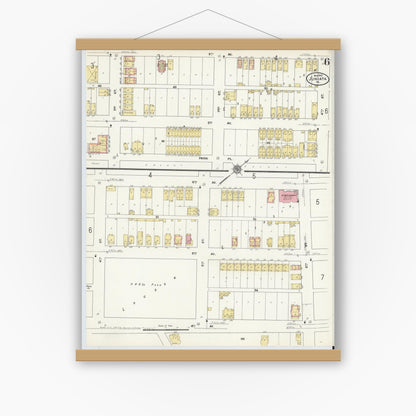 Old map wall art mockup — magnetic wood frame on white wall — Sanborn Fire Insurance Map from Juniata, Blair County, Pennsylvania (1910), Sheet #0006