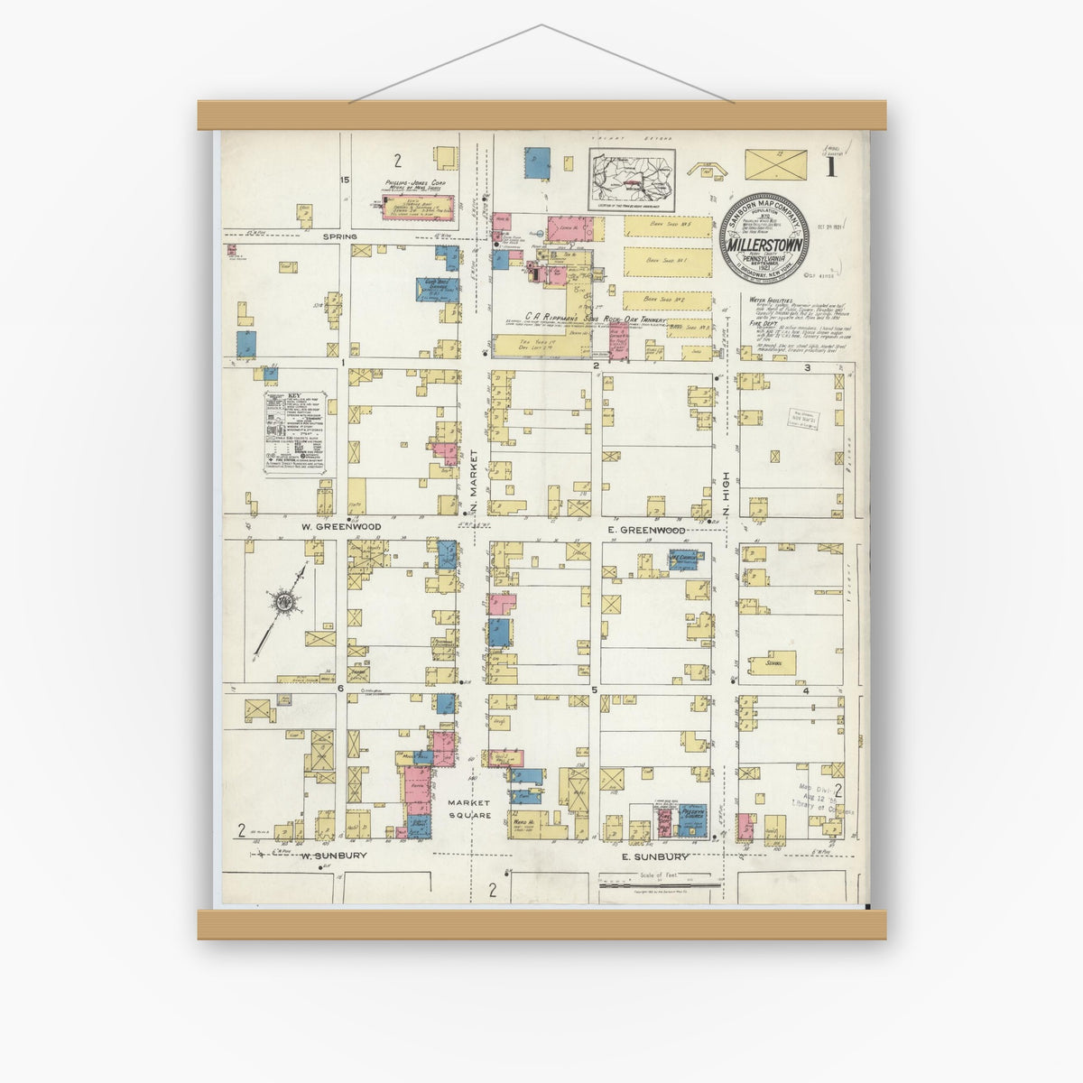 Old map wall art mockup — magnetic wood frame on white wall — Sanborn Fire Insurance Map from Millerstown, Perry County, Pennsylvania (1921), Sheet #0001