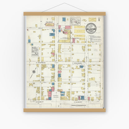 Old map wall art mockup — magnetic wood frame on white wall — Sanborn Fire Insurance Map from Millerstown, Perry County, Pennsylvania (1921), Sheet #0001