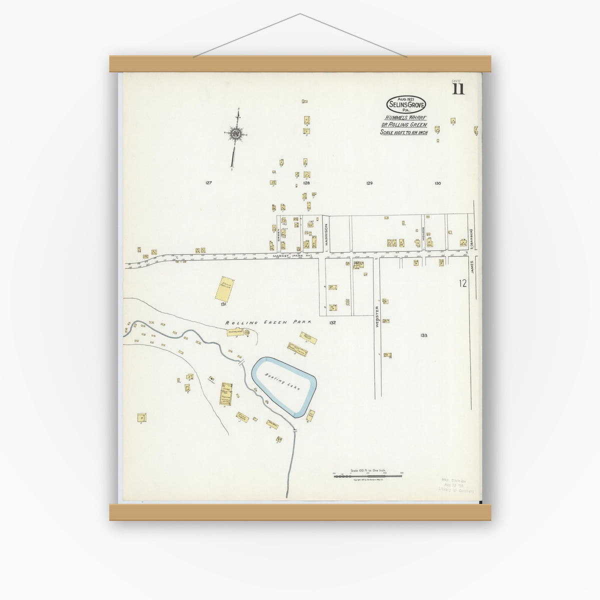 Old map wall art mockup — magnetic wood frame on white wall — Sanborn Fire Insurance Map from Selins Grove, Snyder County, Pennsylvania (1921), Sheet #0011