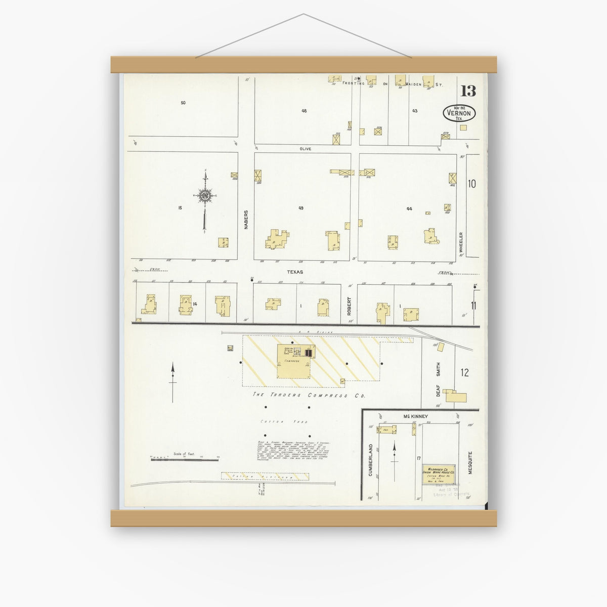 Old map wall art mockup — magnetic wood frame on white wall — Sanborn Fire Insurance Map from Vernon, Wilbarger County, Texas (1912), Sheet #0013