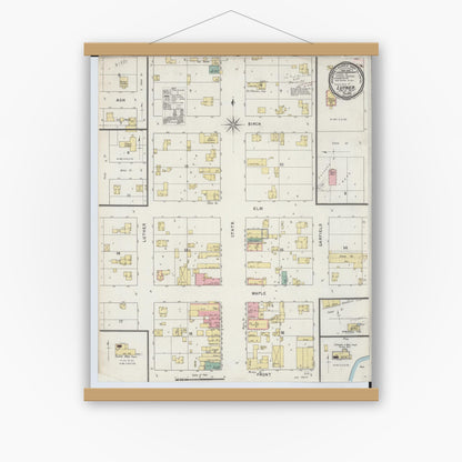 Old map wall art mockup — magnetic wood frame on white wall — Sanborn Fire Insurance Map from Luther, Lake County, Michigan (1894), Sheet #0001