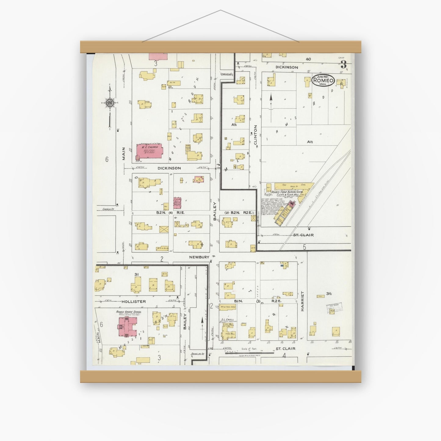 Old map wall art mockup — magnetic wood frame on white wall — Sanborn Fire Insurance Map from Romeo, Macomb County, Michigan (1921), Sheet #0003
