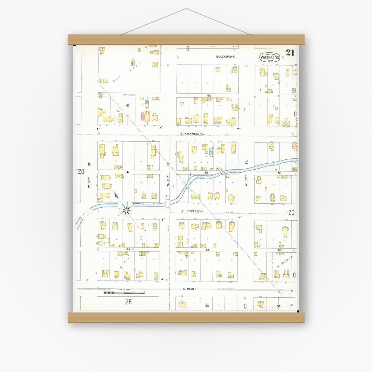 Old map wall art mockup — magnetic wood frame on white wall — Sanborn Fire Insurance Map from Waterloo, Black Hawk County, Iowa (1900), Sheet #0021