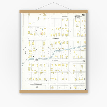 Old map wall art mockup — magnetic wood frame on white wall — Sanborn Fire Insurance Map from Waterloo, Black Hawk County, Iowa (1900), Sheet #0021