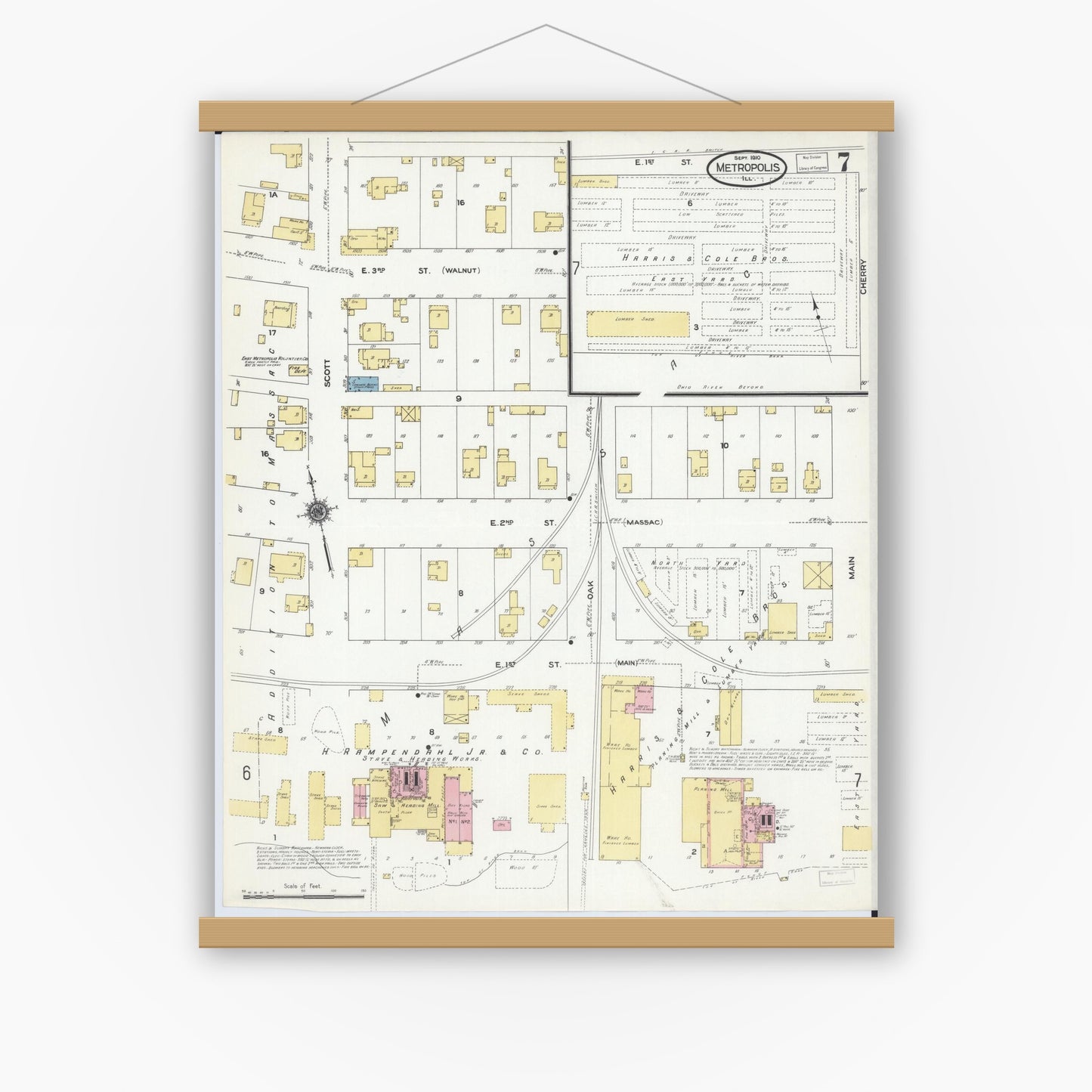 Old map wall art mockup — magnetic wood frame on white wall — Sanborn Fire Insurance Map from Metropolis, Massac County, Illinois (1910), Sheet #0007