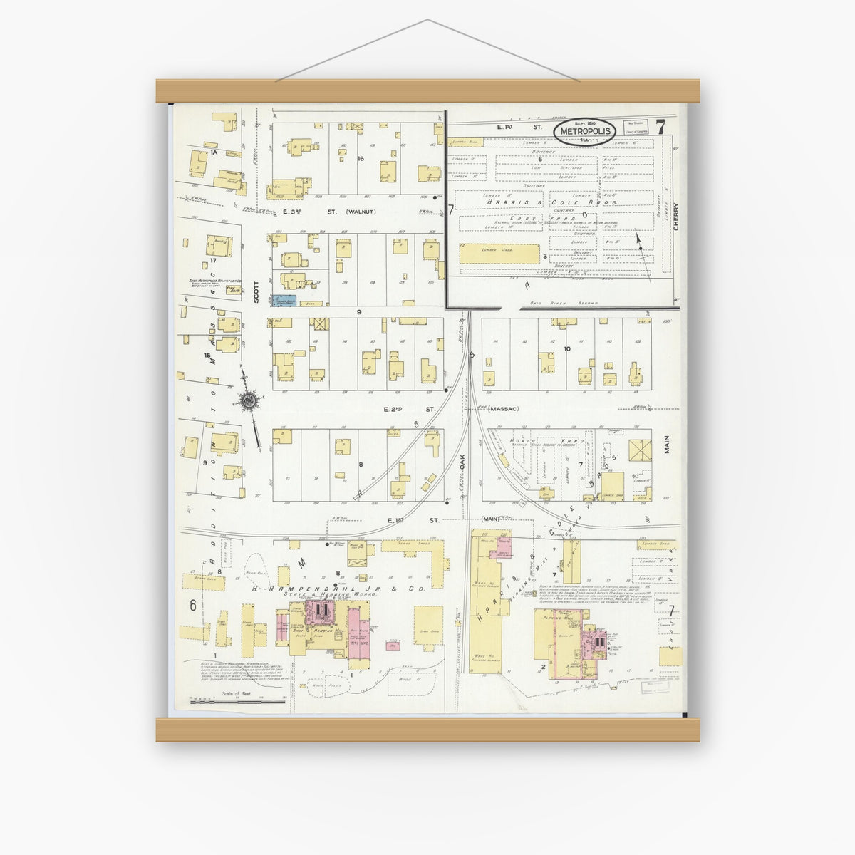 Old map wall art mockup — magnetic wood frame on white wall — Sanborn Fire Insurance Map from Metropolis, Massac County, Illinois (1910), Sheet #0007