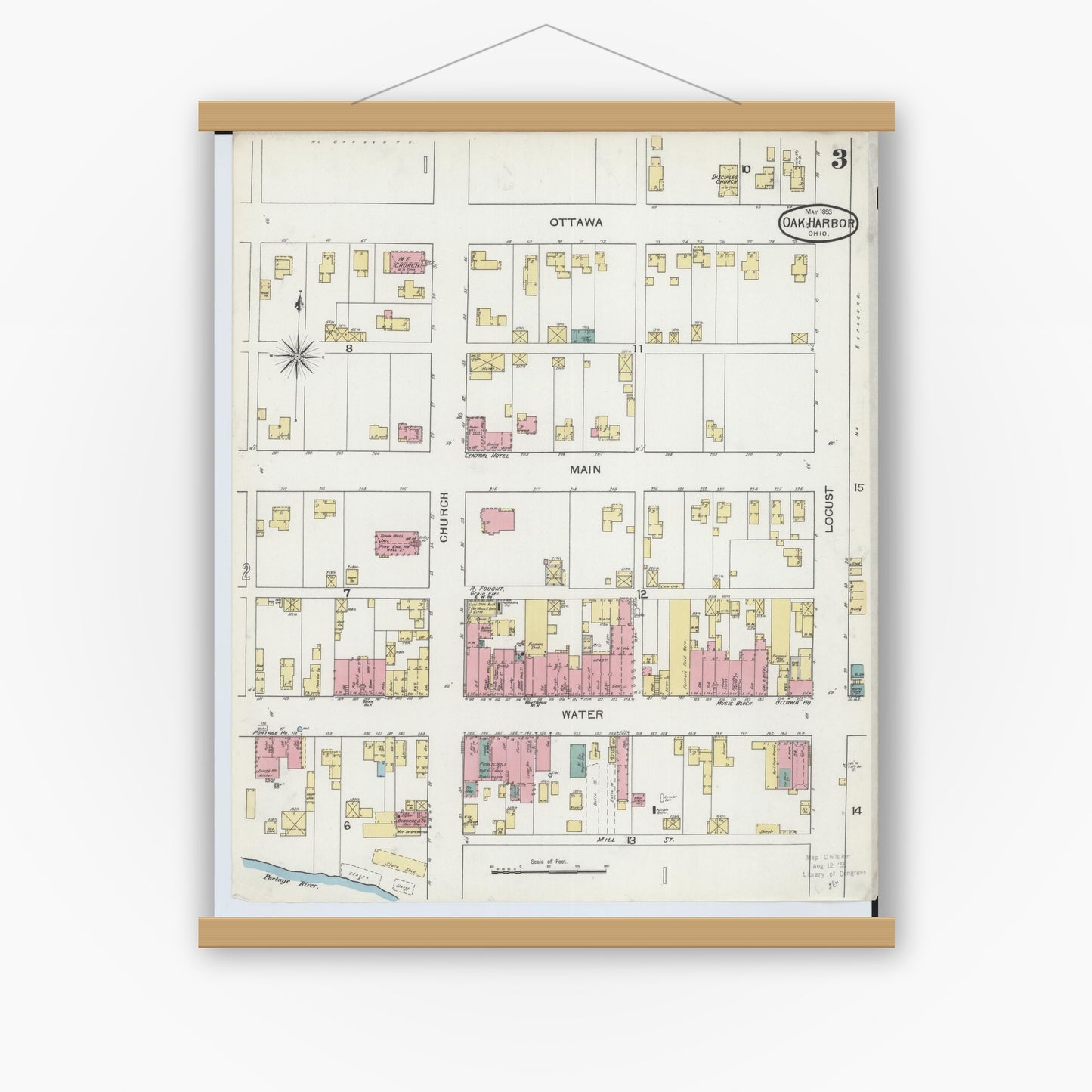 Old map wall art mockup — magnetic wood frame on white wall — Sanborn Fire Insurance Map from Oak Harbor, Ottawa County, Ohio (1893), Sheet #0003
