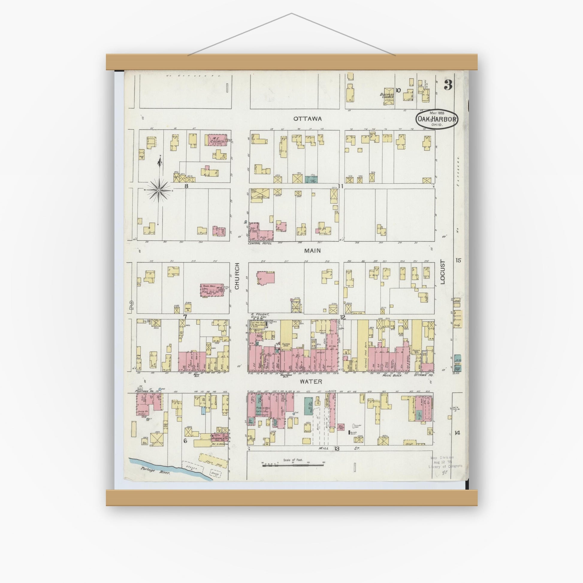 Old map wall art mockup — magnetic wood frame on white wall — Sanborn Fire Insurance Map from Oak Harbor, Ottawa County, Ohio (1893), Sheet #0003