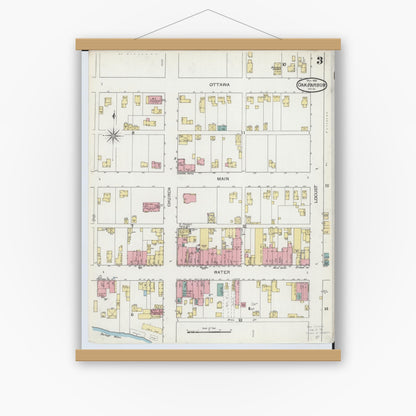 Old map wall art mockup — magnetic wood frame on white wall — Sanborn Fire Insurance Map from Oak Harbor, Ottawa County, Ohio (1893), Sheet #0003