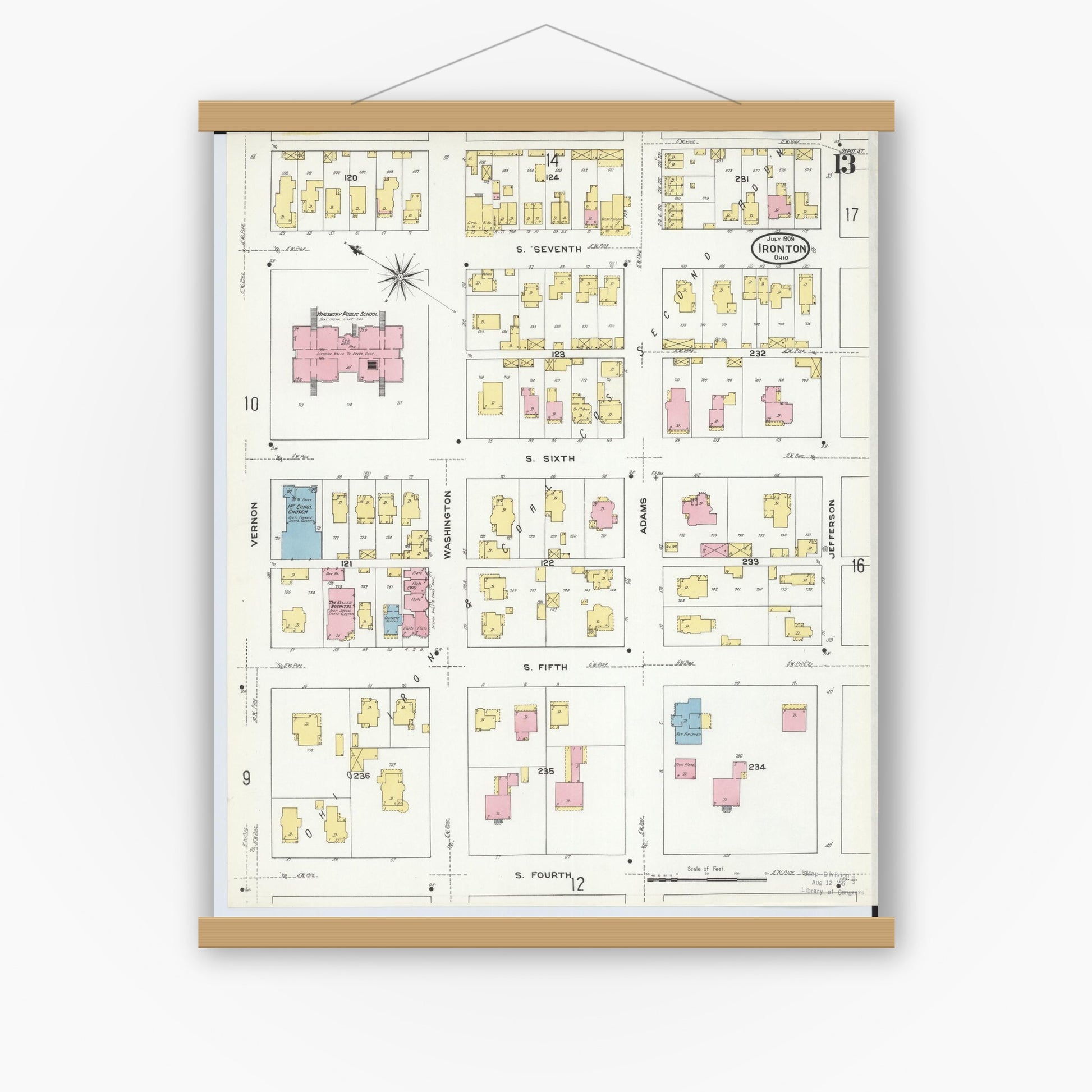 Old map wall art mockup — magnetic wood frame on white wall — Sanborn Fire Insurance Map from Ironton, Lawrence County, Ohio (1909), Sheet #0013
