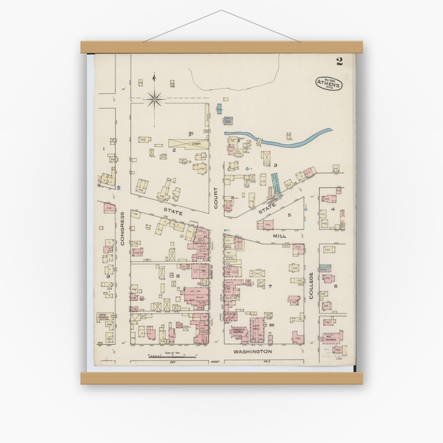 Old map wall art mockup — magnetic wood frame on white wall — Sanborn Fire Insurance Map from Athens, Athens County, Ohio (1885), Sheet #0002