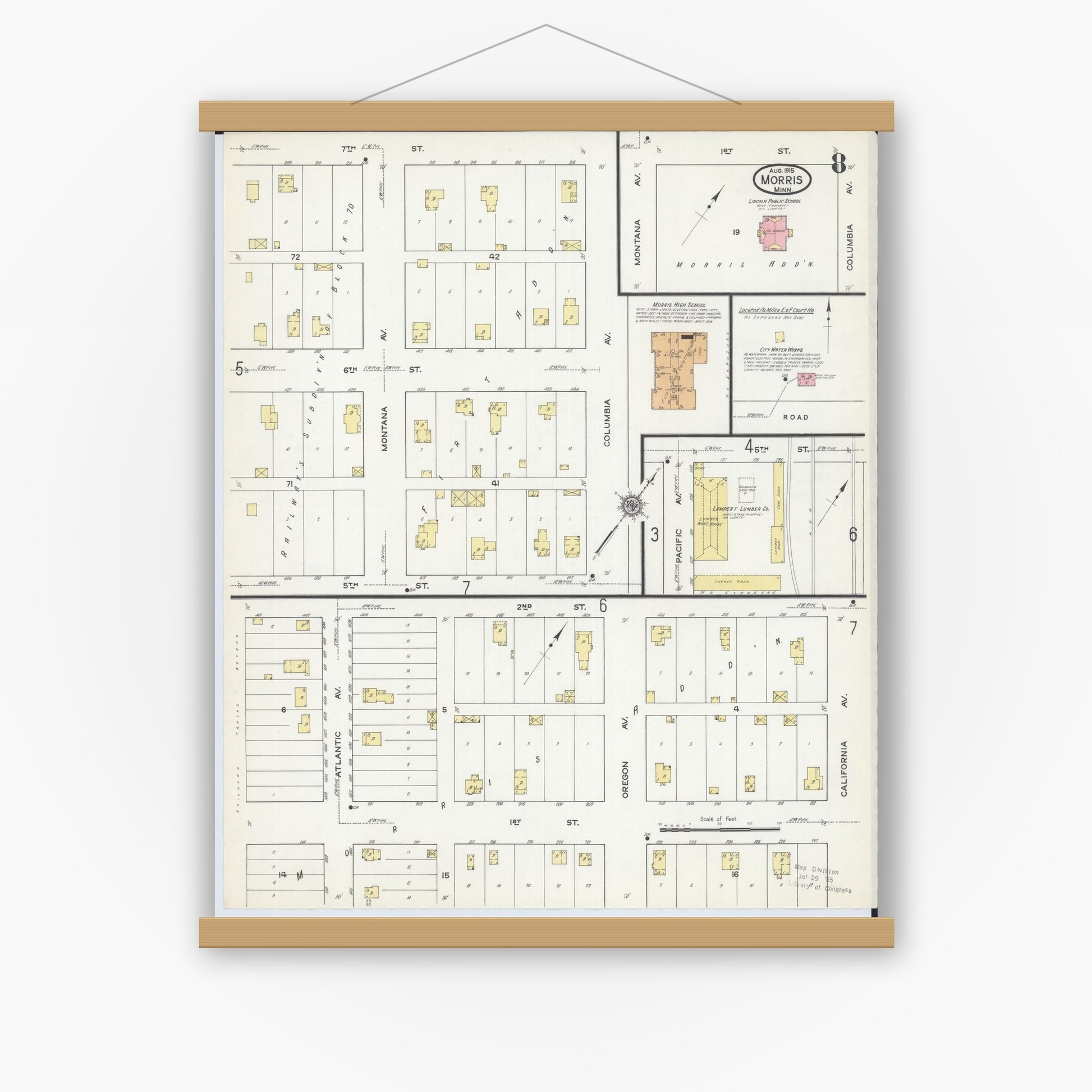 Old map wall art mockup — magnetic wood frame on white wall — Sanborn Fire Insurance Map from Morris, Stevens County, Minnesota (1915), Sheet #0008