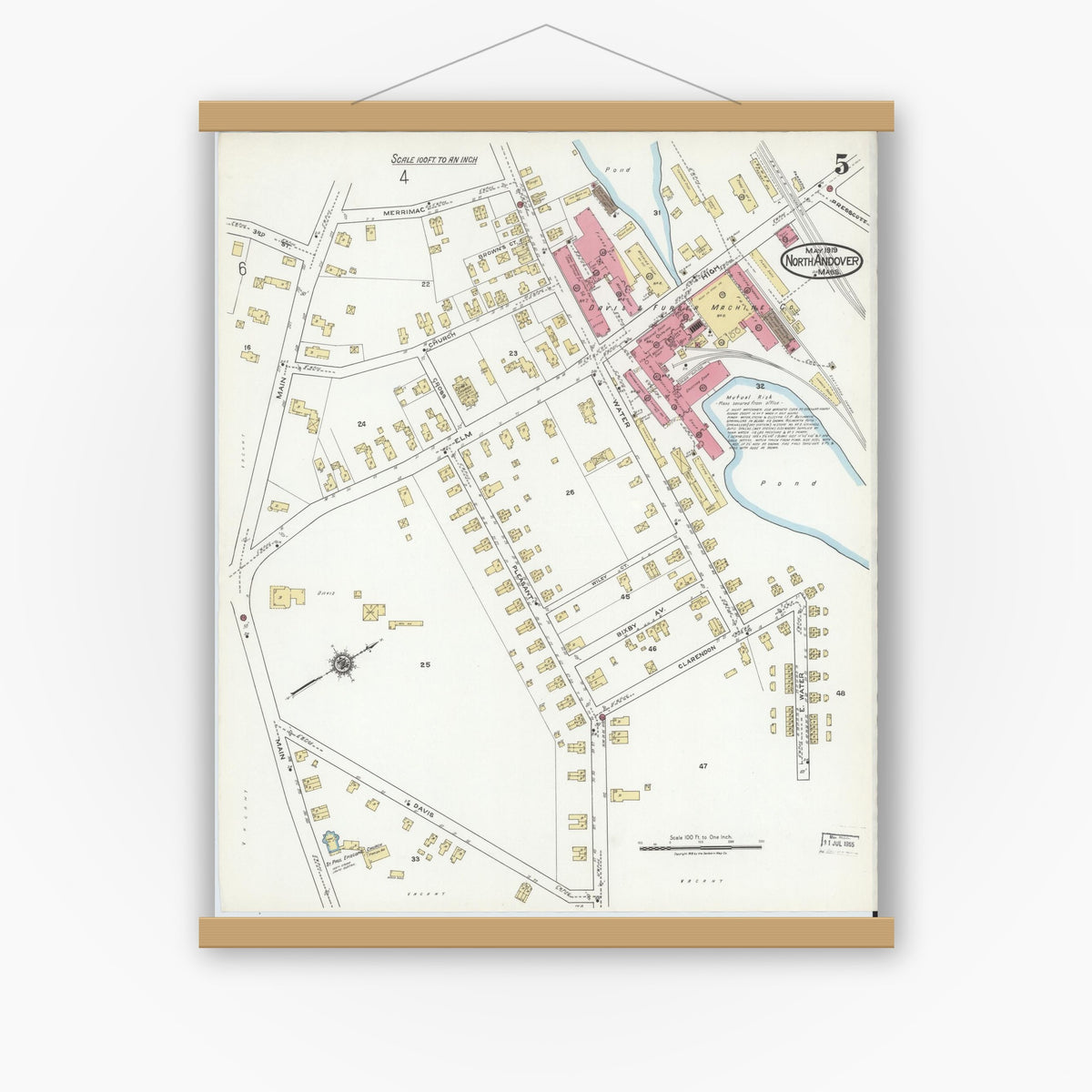 Old map wall art mockup — magnetic wood frame on white wall — Sanborn Fire Insurance Map from North Andover, Essex County, Massachusetts (1919), Sheet #0005