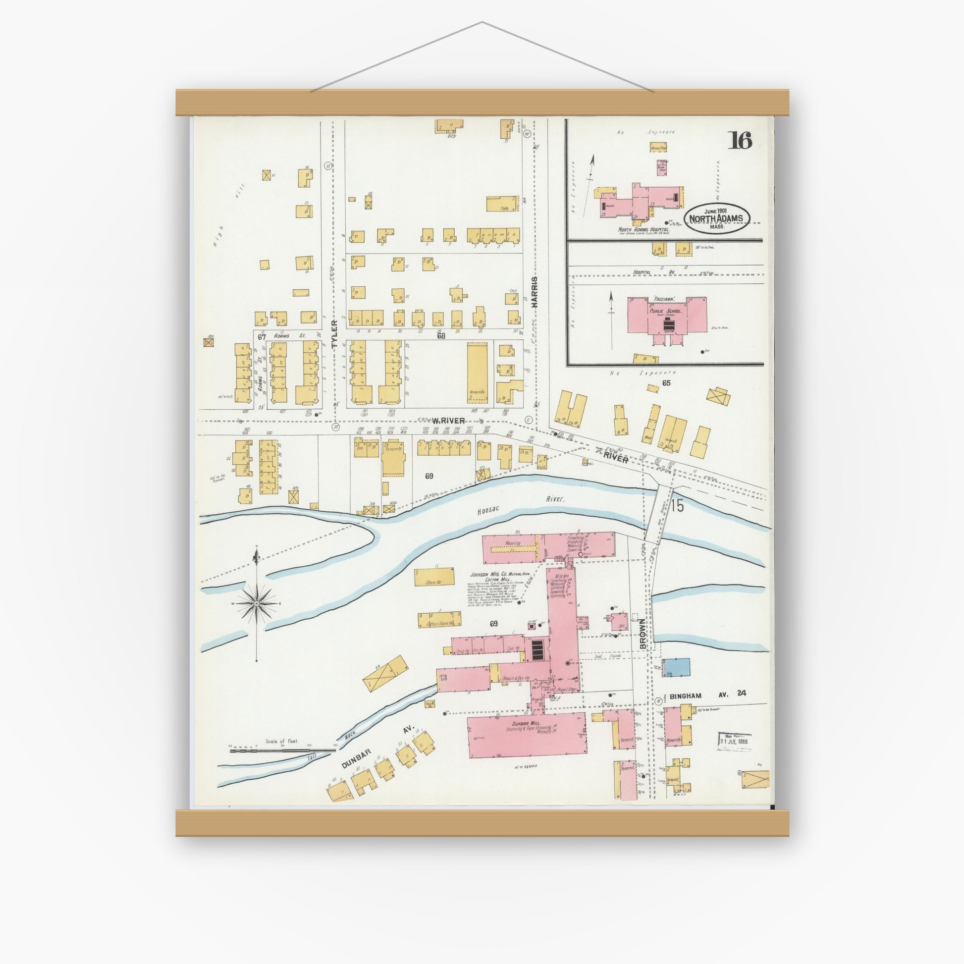 Old map wall art mockup — magnetic wood frame on white wall — Sanborn Fire Insurance Map from North Adams, Berkshire County, Massachusetts (1901), Sheet #0016