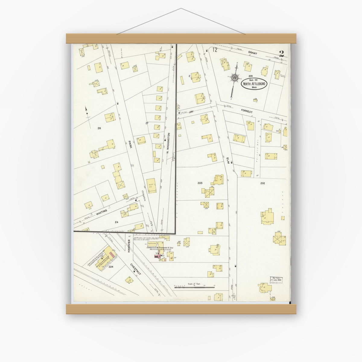 Old map wall art mockup — magnetic wood frame on white wall — Sanborn Fire Insurance Map from North Attleborough, Bristol County, Massachusetts (1911), Sheet #0002