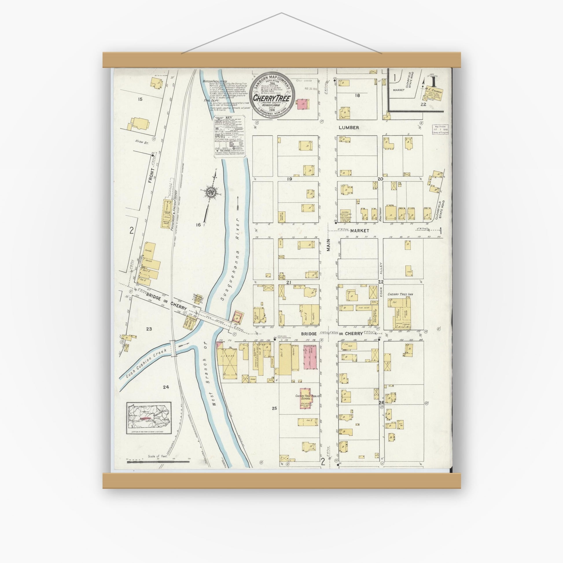 Old map wall art mockup — magnetic wood frame on white wall — Sanborn Fire Insurance Map from Cherry Tree, Indiana County, Pennsylvania (1916) - Complete Map Set