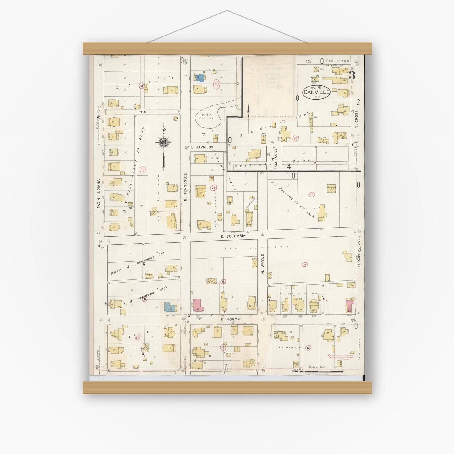 Old map wall art mockup — magnetic wood frame on white wall — Sanborn Fire Insurance Map from Danville, Hendricks County, Indiana (1932), Sheet #0003