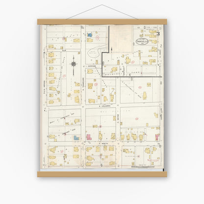 Old map wall art mockup — magnetic wood frame on white wall — Sanborn Fire Insurance Map from Danville, Hendricks County, Indiana (1932), Sheet #0003