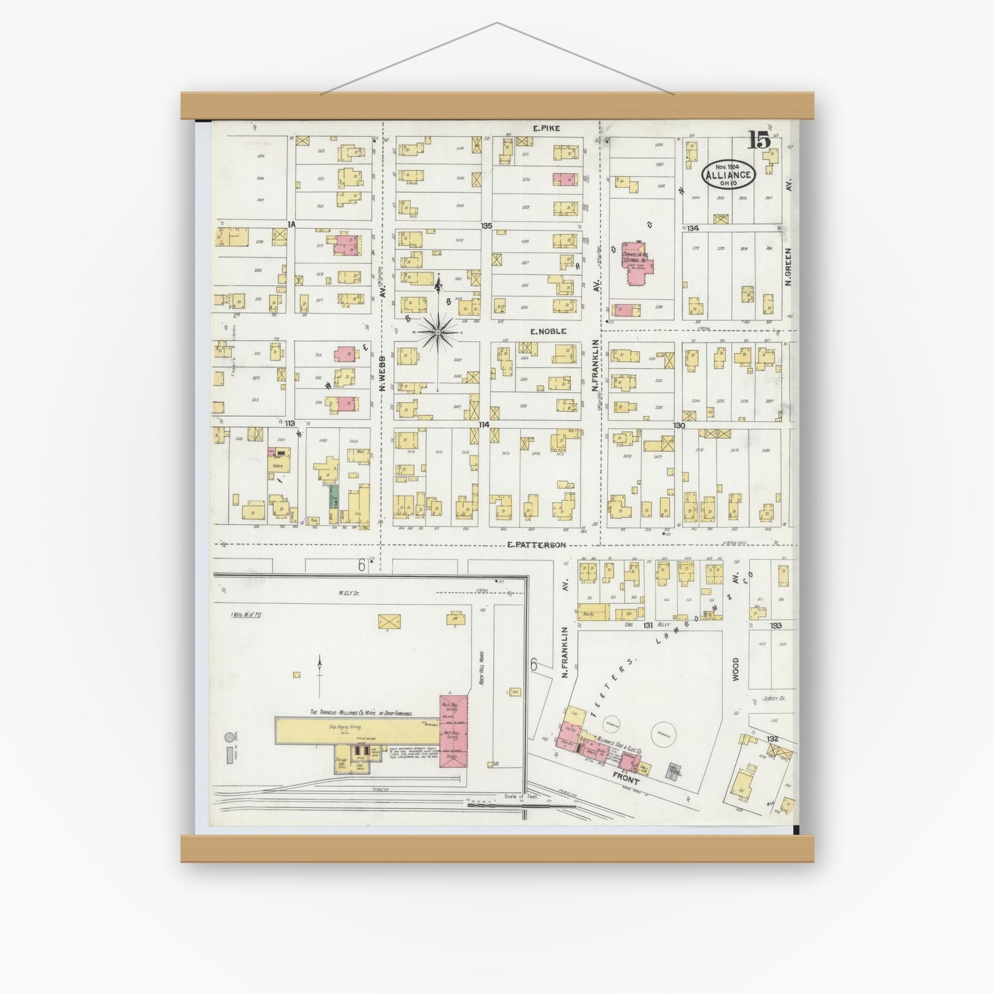 Old map wall art mockup — magnetic wood frame on white wall — Sanborn Fire Insurance Map from Alliance, Stark County, Ohio (1904), Sheet #0015