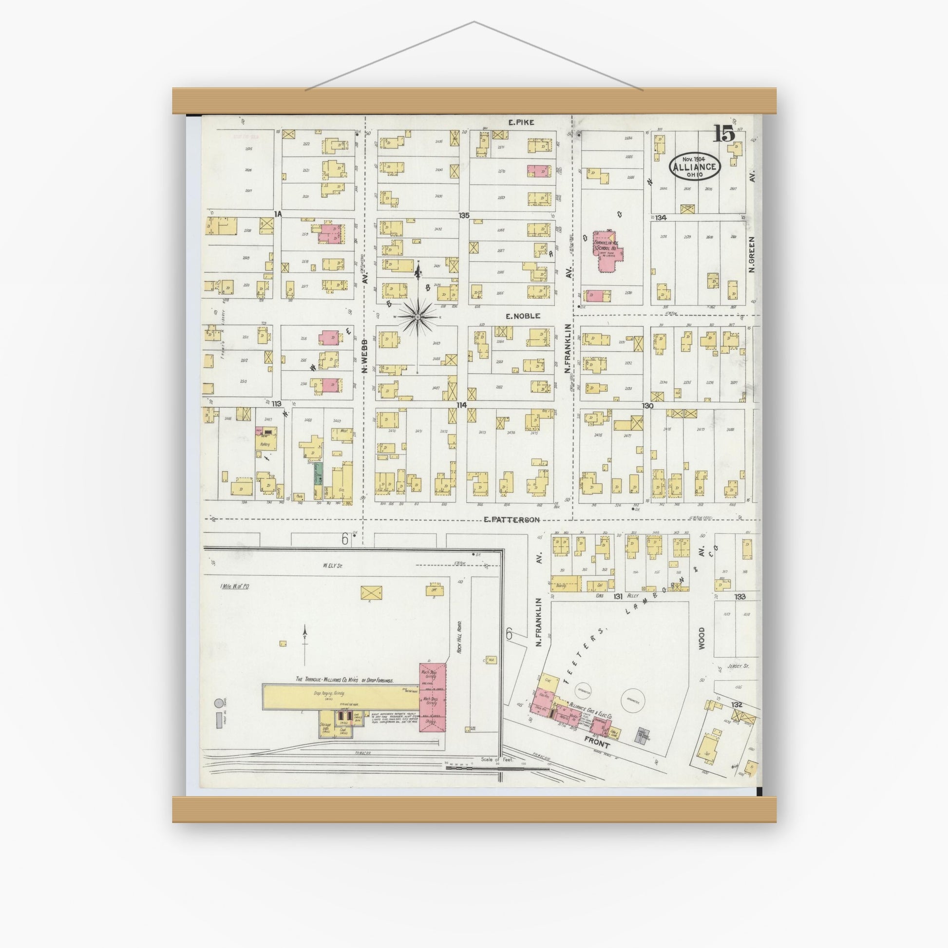 Old map wall art mockup — magnetic wood frame on white wall — Sanborn Fire Insurance Map from Alliance, Stark County, Ohio (1904), Sheet #0015
