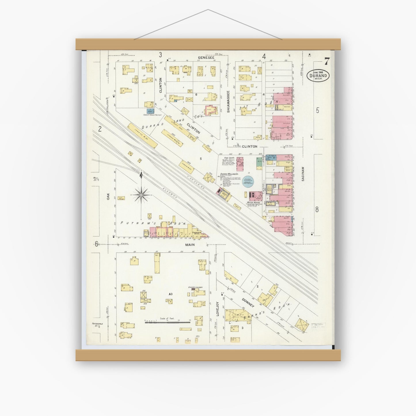 Old map wall art mockup — magnetic wood frame on white wall — Sanborn Fire Insurance Map from Durand, Shiawassee County, Michigan (1908), Sheet #0007