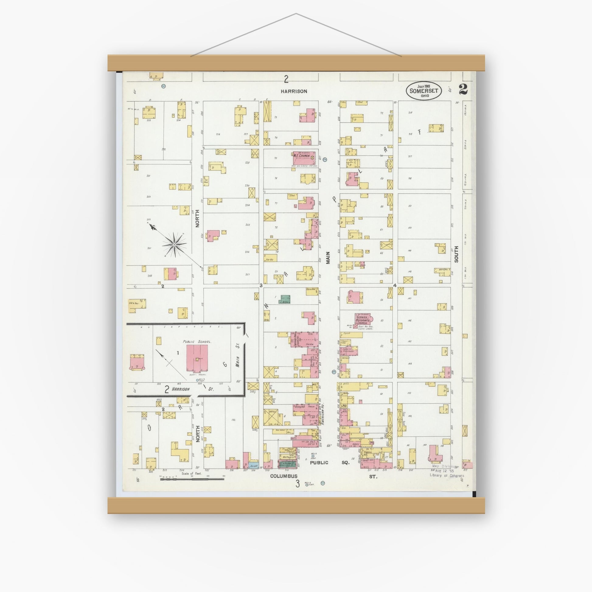 Old map wall art mockup — magnetic wood frame on white wall — Sanborn Fire Insurance Map from Somerset, Perry County, Ohio (1901), Sheet #0002