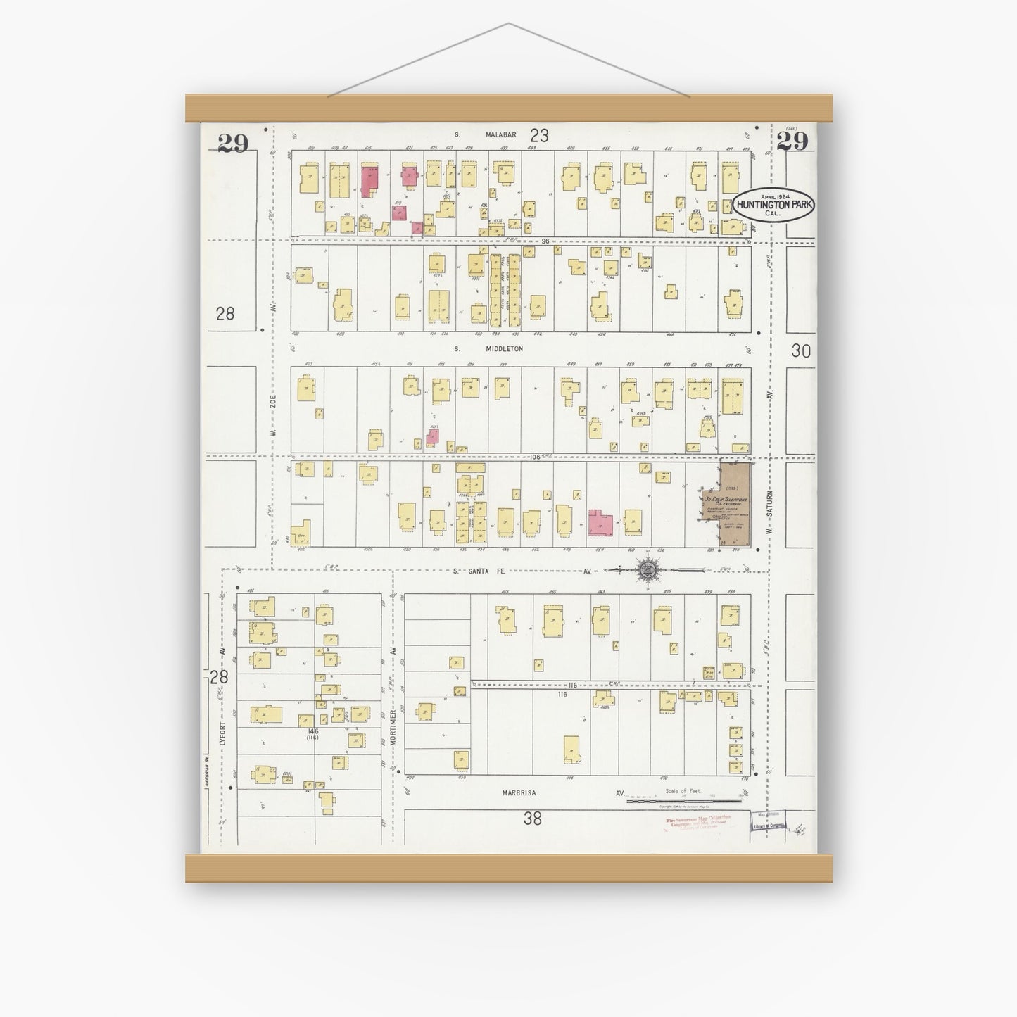 Old map wall art mockup — magnetic wood frame on white wall — Sanborn Fire Insurance Map from Huntington Park, Los Angeles County, California (1924), Sheet #0029