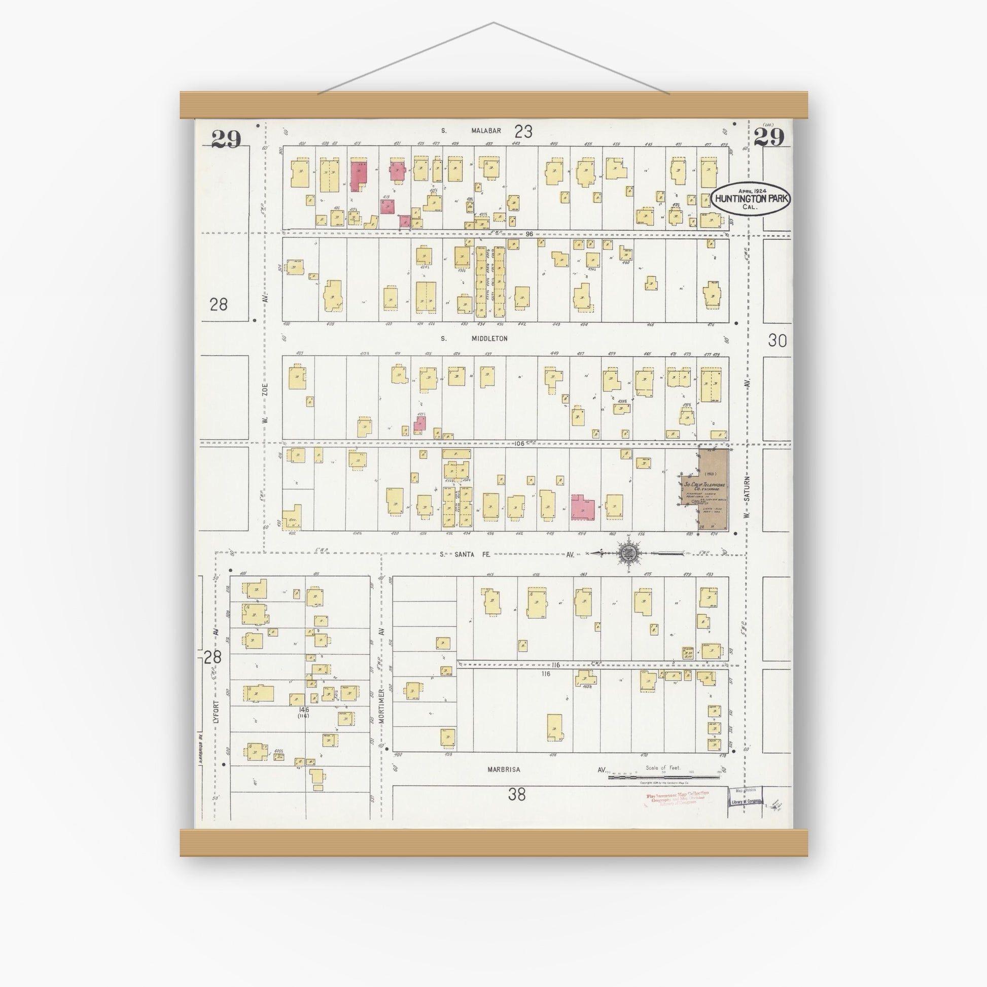 Old map wall art mockup — magnetic wood frame on white wall — Sanborn Fire Insurance Map from Huntington Park, Los Angeles County, California (1924), Sheet #0029