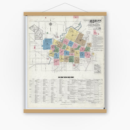 Old map wall art mockup — magnetic wood frame on white wall — Sanborn Fire Insurance Map from Adrian, Lenawee County, Michigan (1916), Sheet #0001