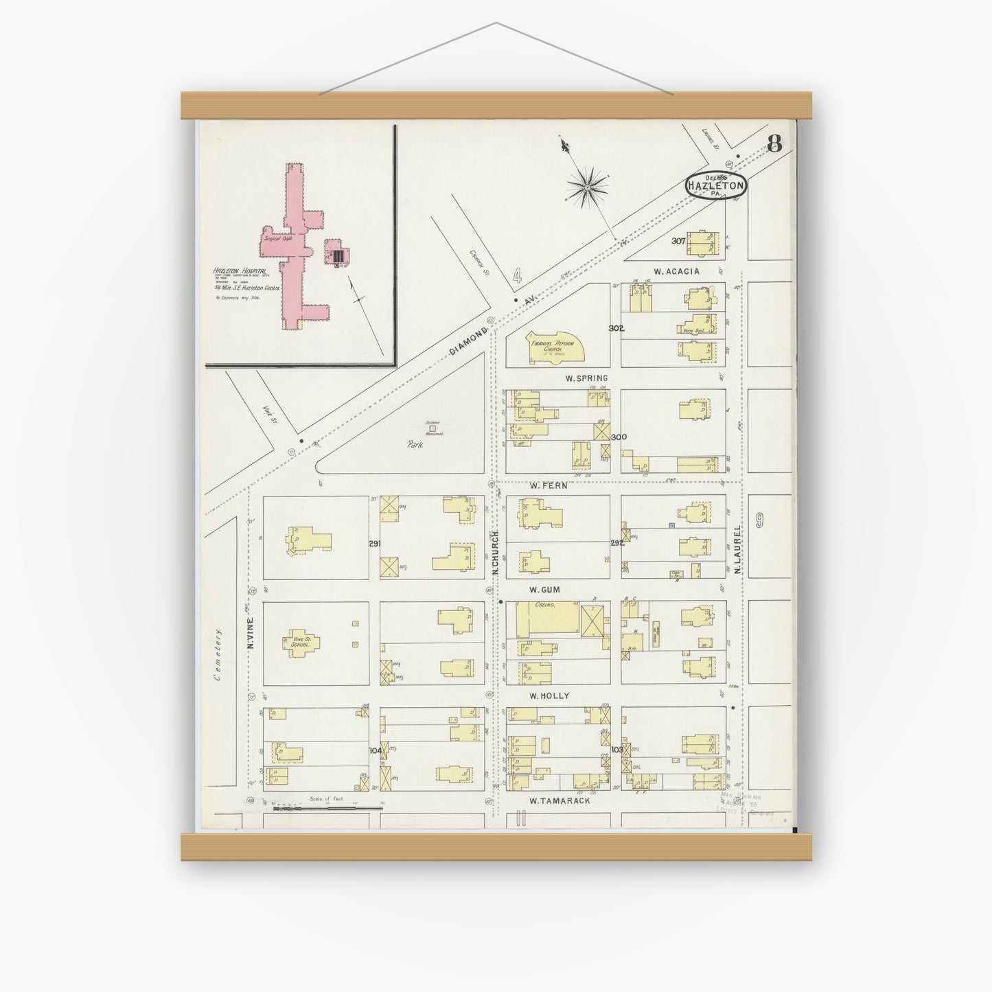 Old map wall art mockup — magnetic wood frame on white wall — Sanborn Fire Insurance Map from Hazleton, Luzerne County, Pennsylvania (1895), Sheet #0008