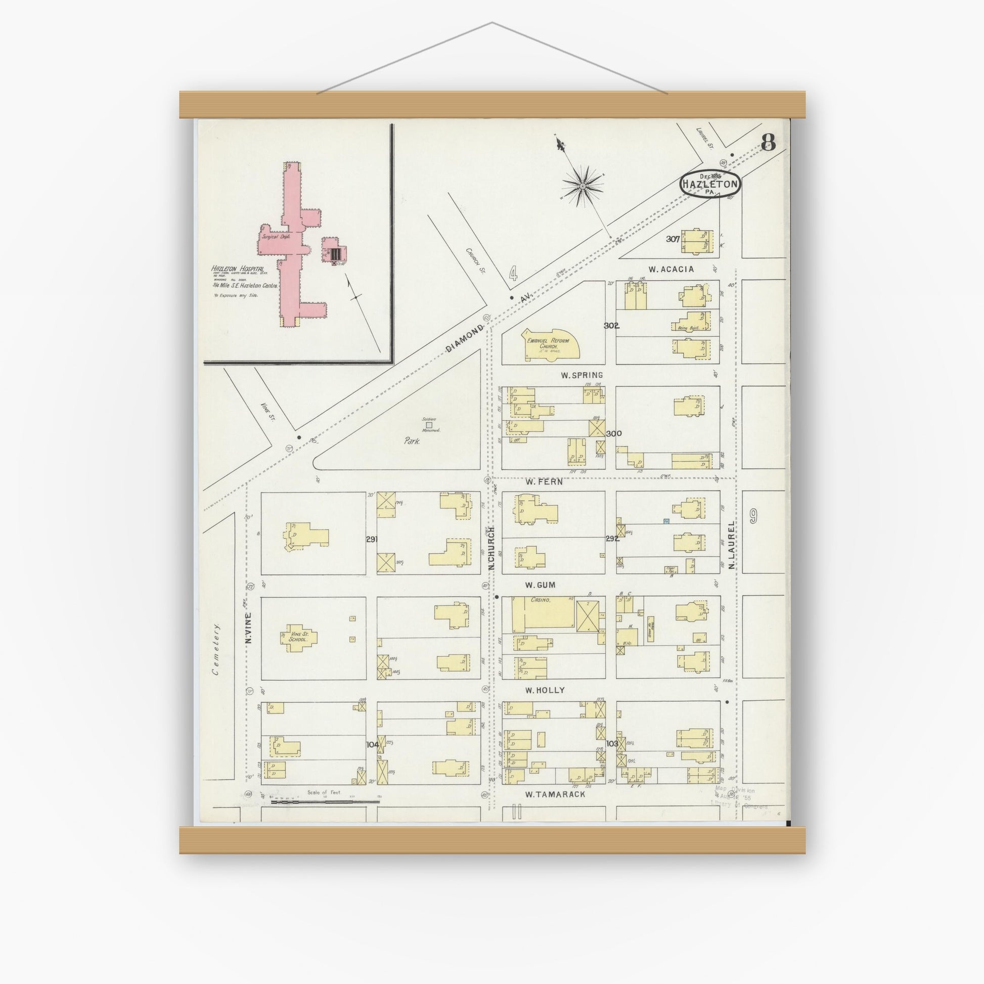 Old map wall art mockup — magnetic wood frame on white wall — Sanborn Fire Insurance Map from Hazleton, Luzerne County, Pennsylvania (1895), Sheet #0008