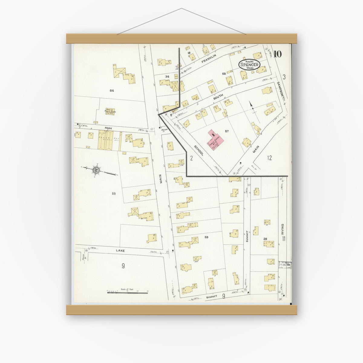 Old map wall art mockup — magnetic wood frame on white wall — Sanborn Fire Insurance Map from Spencer, Worcester County, Massachusetts (1912), Sheet #0010