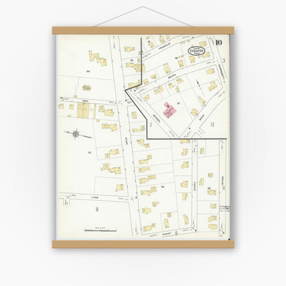 Old map wall art mockup — magnetic wood frame on white wall — Sanborn Fire Insurance Map from Spencer, Worcester County, Massachusetts (1912), Sheet #0010