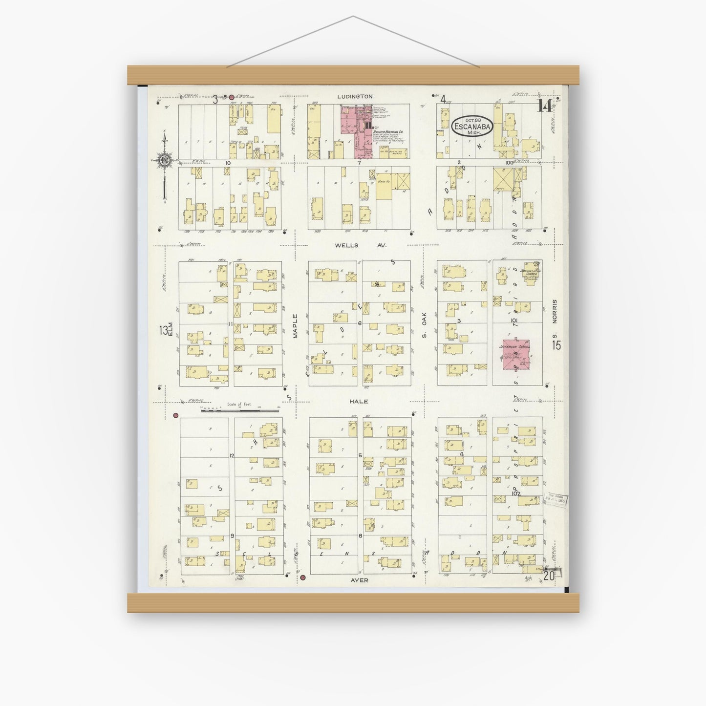 Old map wall art mockup — magnetic wood frame on white wall — Sanborn Fire Insurance Map from Escanaba, Delta County, Michigan (1913), Sheet #0014