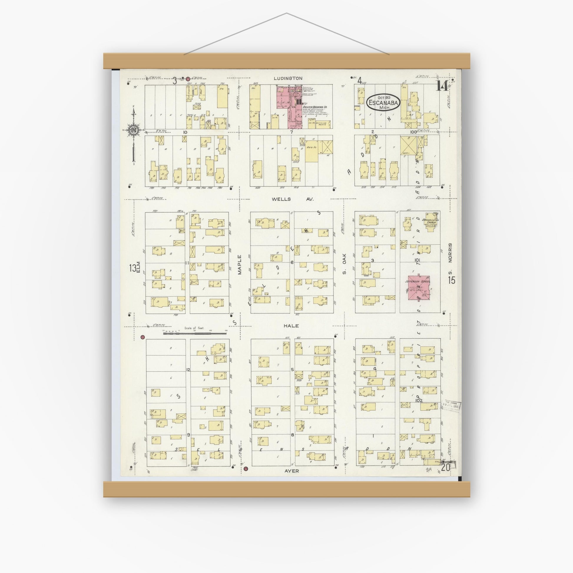 Old map wall art mockup — magnetic wood frame on white wall — Sanborn Fire Insurance Map from Escanaba, Delta County, Michigan (1913), Sheet #0014