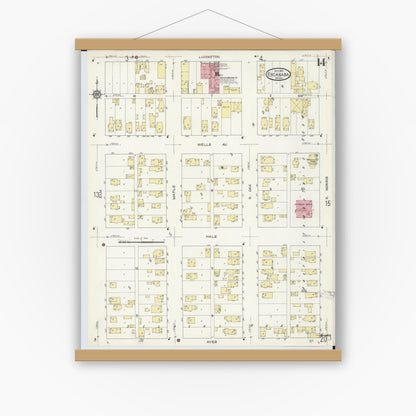 Old map wall art mockup — magnetic wood frame on white wall — Sanborn Fire Insurance Map from Escanaba, Delta County, Michigan (1913), Sheet #0014