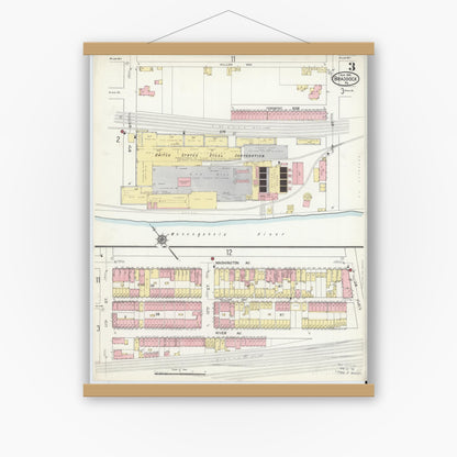 Old map wall art mockup — magnetic wood frame on white wall — Sanborn Fire Insurance Map from Braddock, Allegheny County, Pennsylvania (1914), Sheet #0003