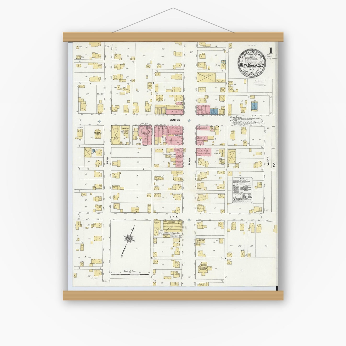 Old map wall art mockup — magnetic wood frame on white wall — Sanborn Fire Insurance Map from West Mansfield, Logan County, Ohio (1911) - Complete Map Set