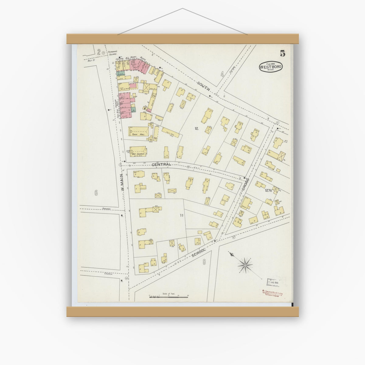 Old map wall art mockup — magnetic wood frame on white wall — Sanborn Fire Insurance Map from Westboro, Worcester County, Massachusetts (1894), Sheet #0005