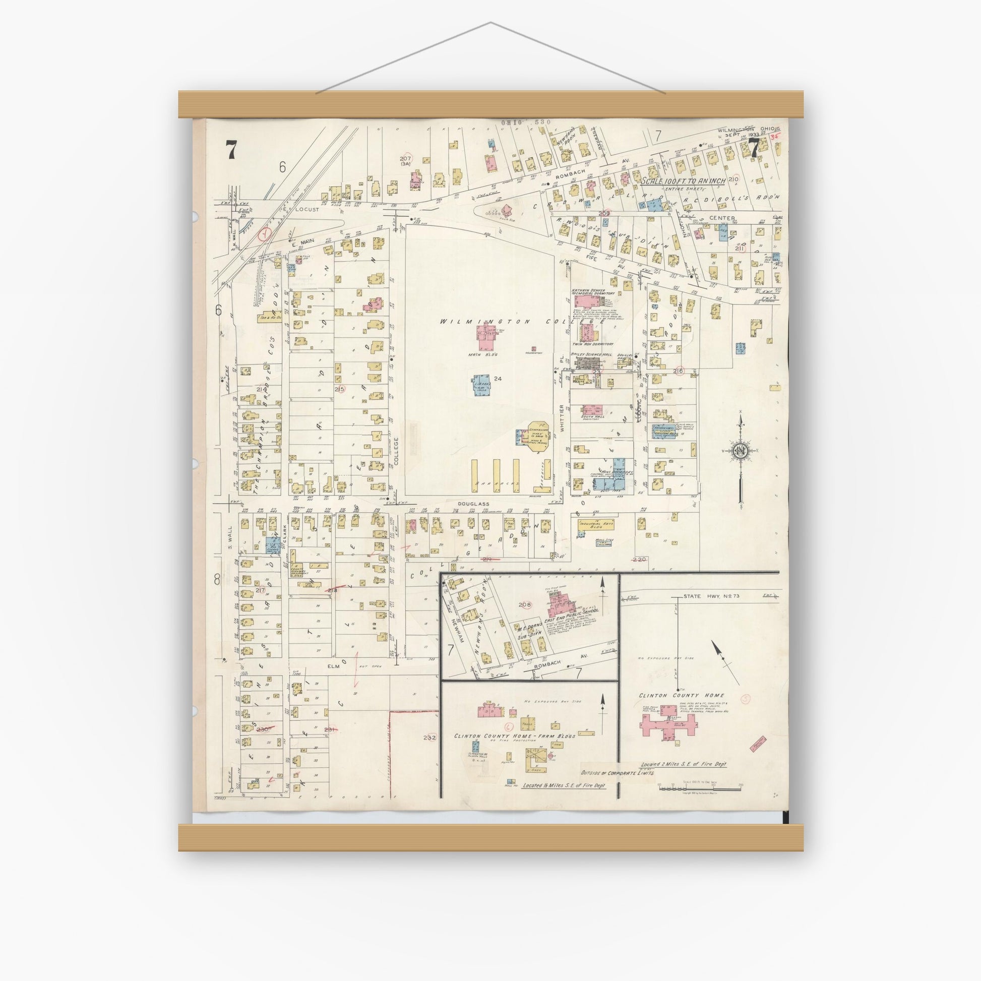 Old map wall art mockup — magnetic wood frame on white wall — Sanborn Fire Insurance Map from Wilmington, Clinton County, Ohio (1949), Sheet #0007