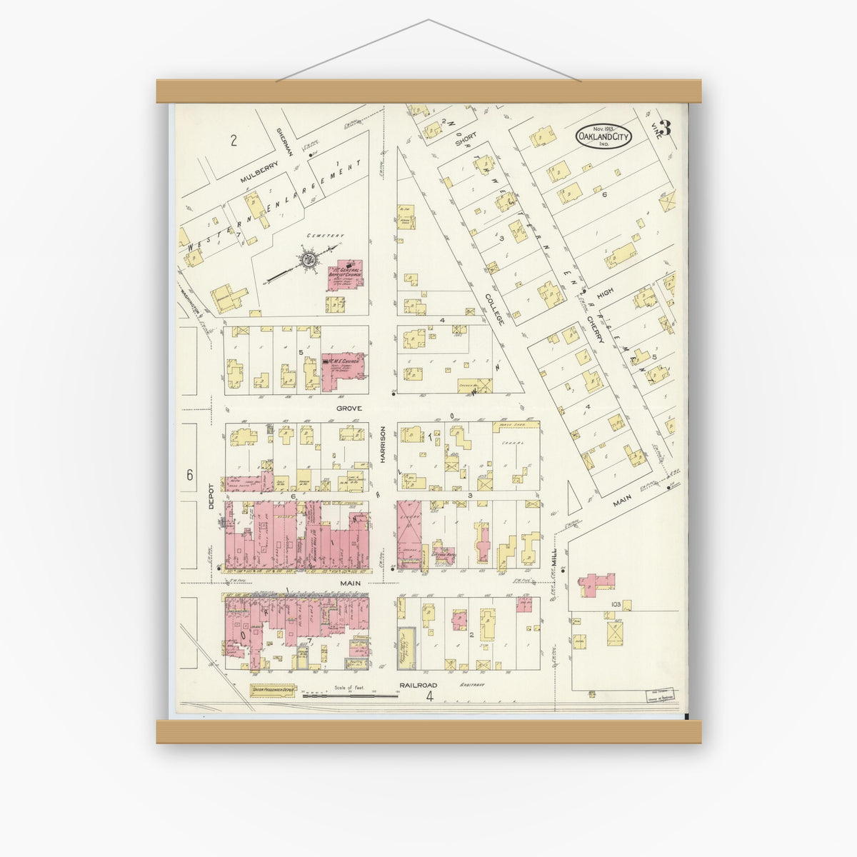 Old map wall art mockup — magnetic wood frame on white wall — Sanborn Fire Insurance Map from Oakland City, Gibson County, Indiana (1913), Sheet #0003