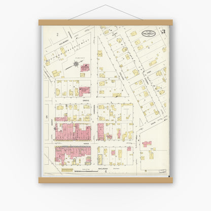 Old map wall art mockup — magnetic wood frame on white wall — Sanborn Fire Insurance Map from Oakland City, Gibson County, Indiana (1913), Sheet #0003