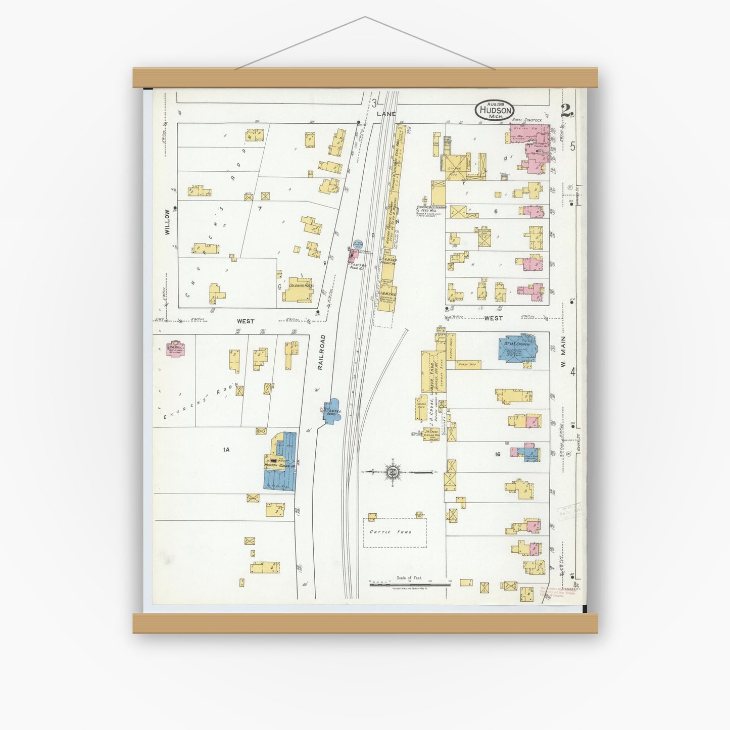 Old map wall art mockup — magnetic wood frame on white wall — Sanborn Fire Insurance Map from Hudson, Lenawee County, Michigan (1919), Sheet #0002