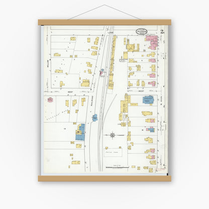 Old map wall art mockup — magnetic wood frame on white wall — Sanborn Fire Insurance Map from Hudson, Lenawee County, Michigan (1919), Sheet #0002