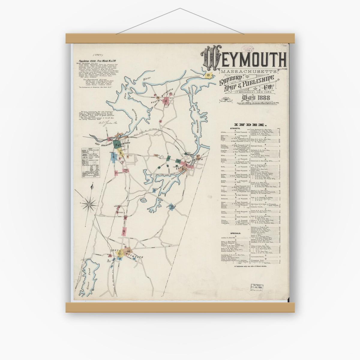 Old map wall art mockup — magnetic wood frame on white wall — Sanborn Fire Insurance Map from Weymouth, Norfolk County, Massachusetts (1888) - Complete Map Set