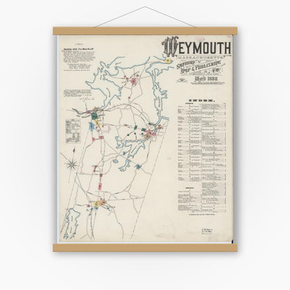Old map wall art mockup — magnetic wood frame on white wall — Sanborn Fire Insurance Map from Weymouth, Norfolk County, Massachusetts (1888) - Complete Map Set