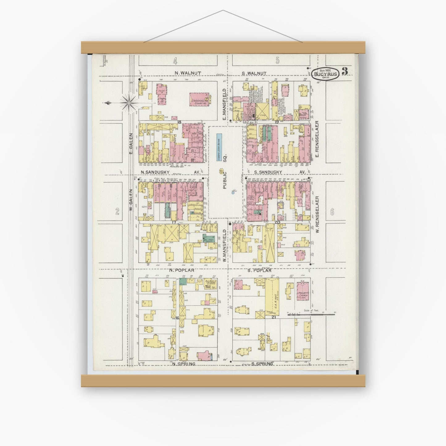 Old map wall art mockup — magnetic wood frame on white wall — Sanborn Fire Insurance Map from Bucyrus, Crawford County, Ohio (1892), Sheet #0003