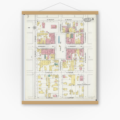 Old map wall art mockup — magnetic wood frame on white wall — Sanborn Fire Insurance Map from Bucyrus, Crawford County, Ohio (1892), Sheet #0003
