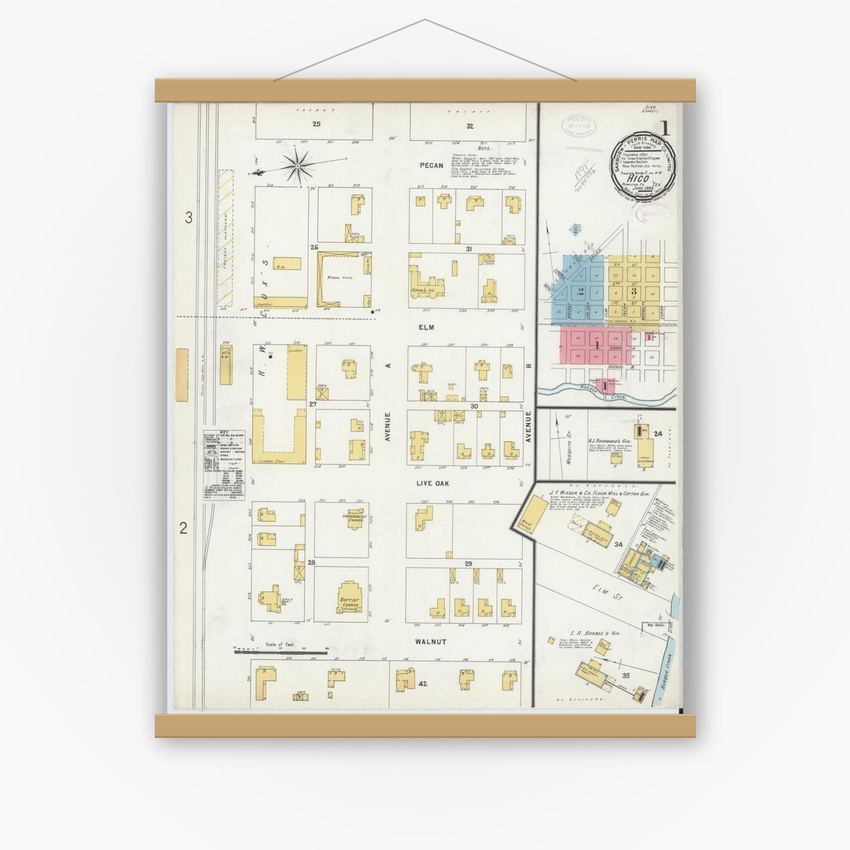 Old map wall art mockup — magnetic wood frame on white wall — Sanborn Fire Insurance Map from Hico, Hamilton County, Texas (1898) - Complete Map Set
